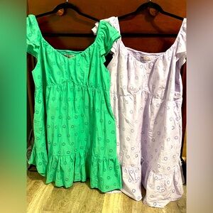 Bundle 2x dresses SO lavender green eyelet lined ruffle babydoll milkmaid smocke